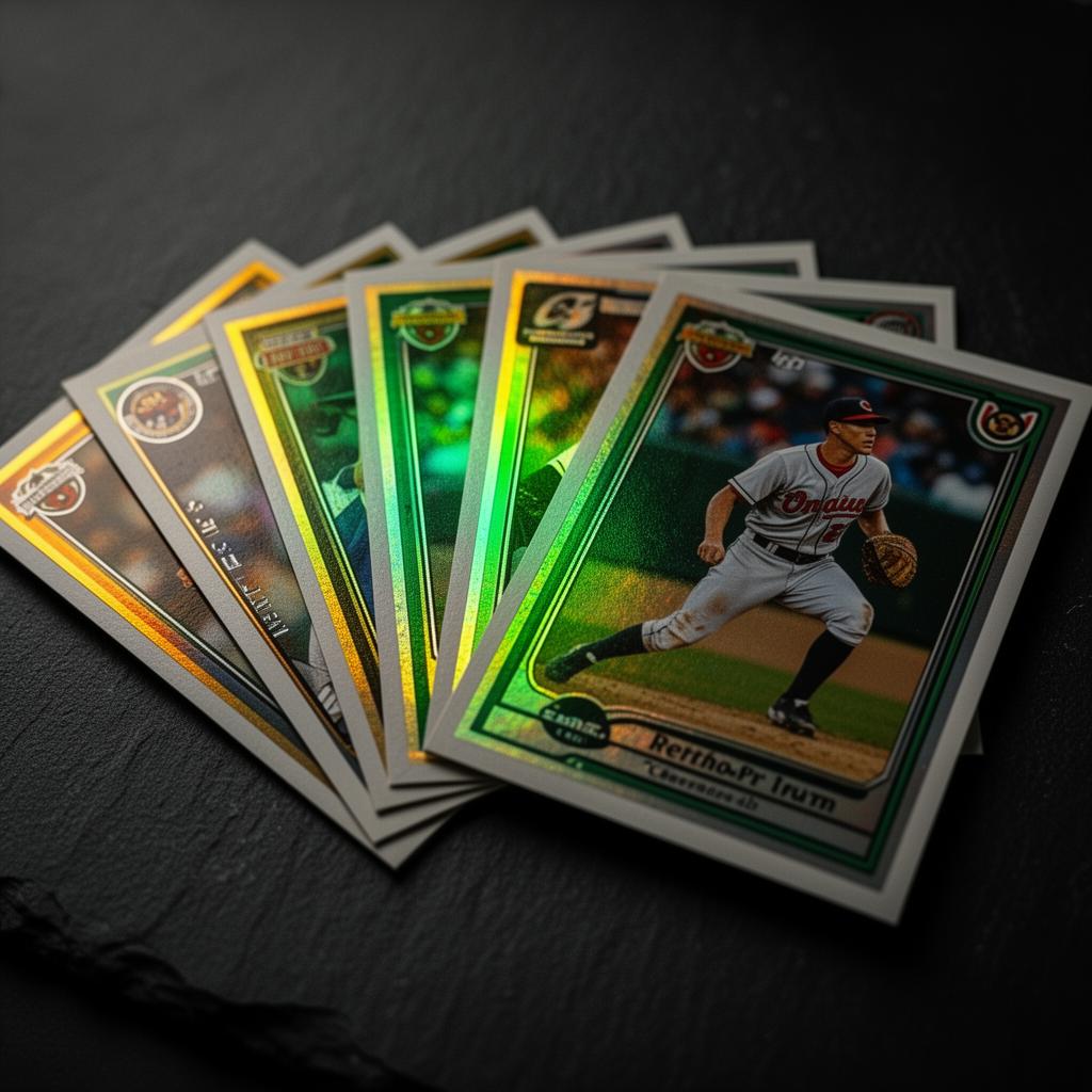 Holographic sports trading cards fanned out on dark slate